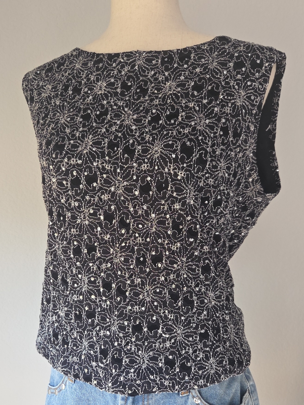 Jtb Vintage Woman Black Beaded Sleeveless Top Glitter Bling Shiny Floral